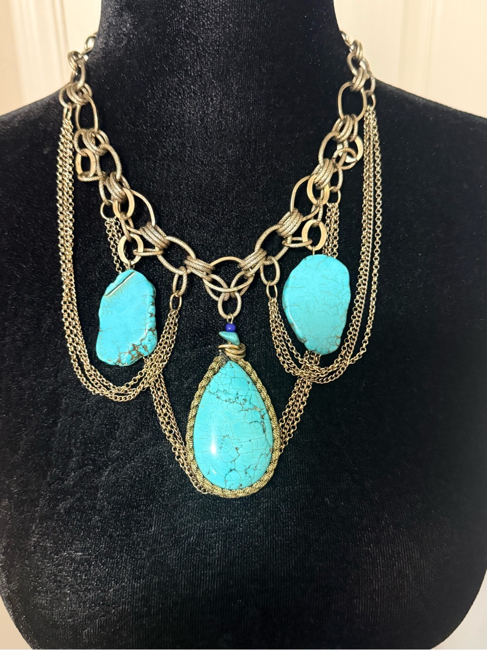 Boho Turquoise Statement Necklace Gold Tone Layered Chain Bib Necklace - Picture 3 of 4
